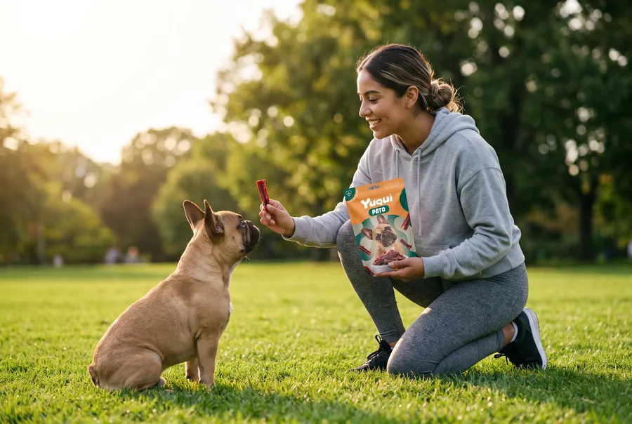 Mujer premiando a un perro con un snack Yuqui en el parque