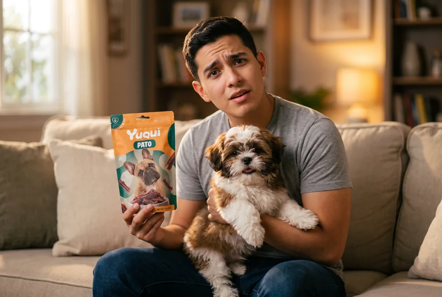 Joven en el sofá con un cachorro y una bolsa de snacks Yuqui