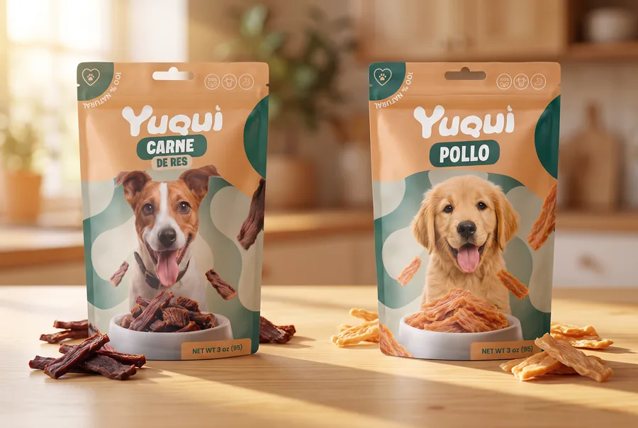 Bolsas de snacks Yuqui de carne de res y pollo sobre una mesa de madera