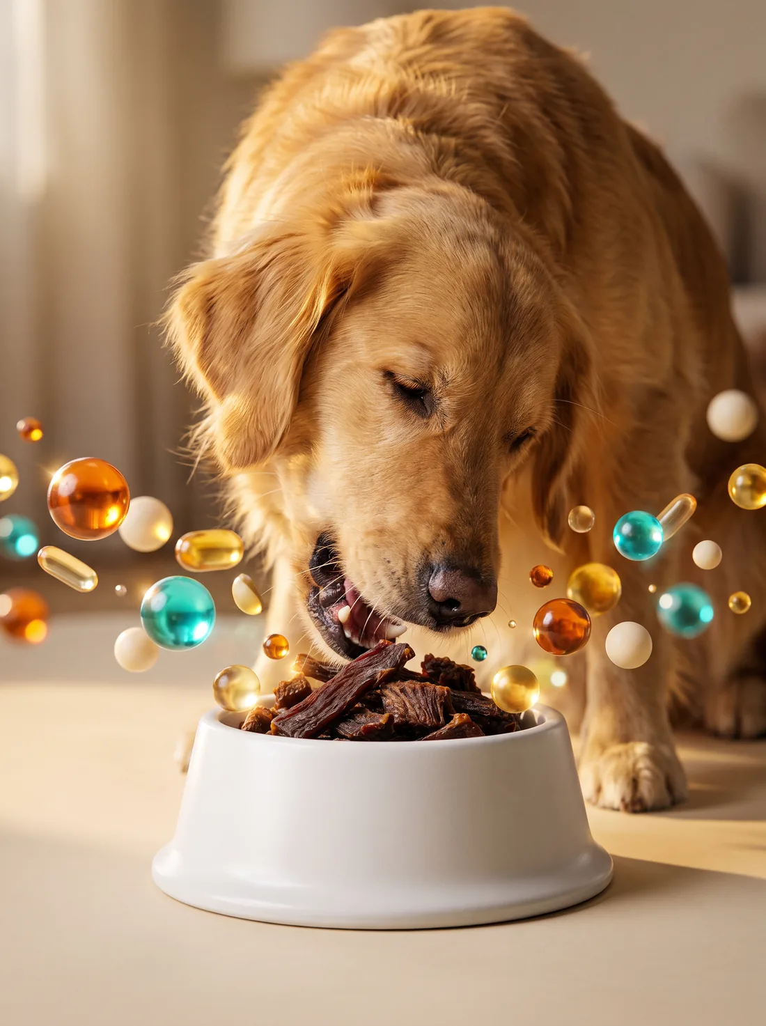 Golden retriever comiendo snacks de carne rodeado de cápsulas de vitaminas