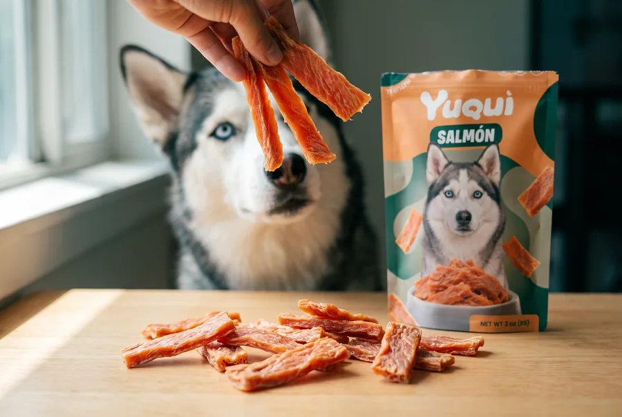 Husky mirando un snack Yuqui de salmón