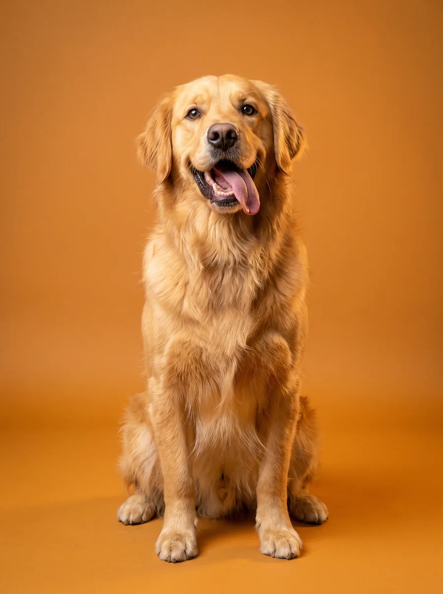 Golden retriever adulto sentado sobre fondo naranja