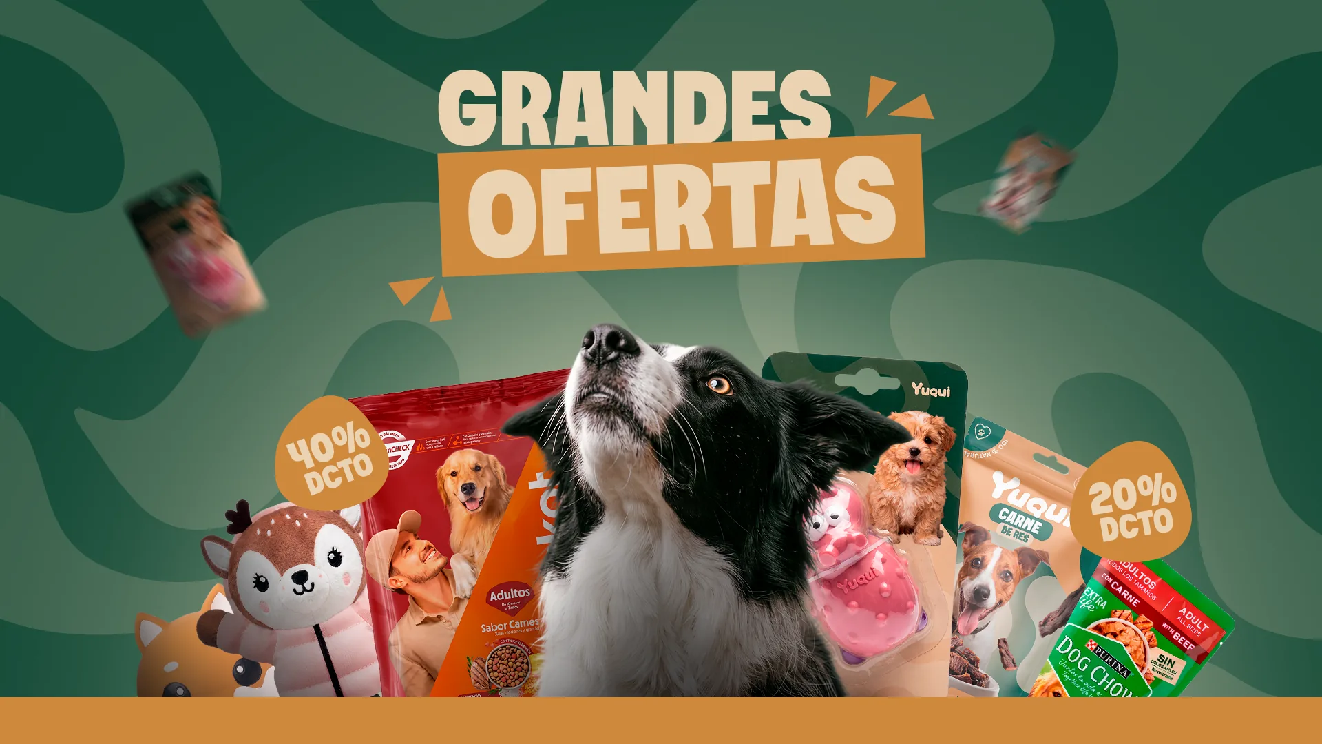 Grandes ofertas: un perro border collie rodeado de productos con 40% y 20% de descuento.